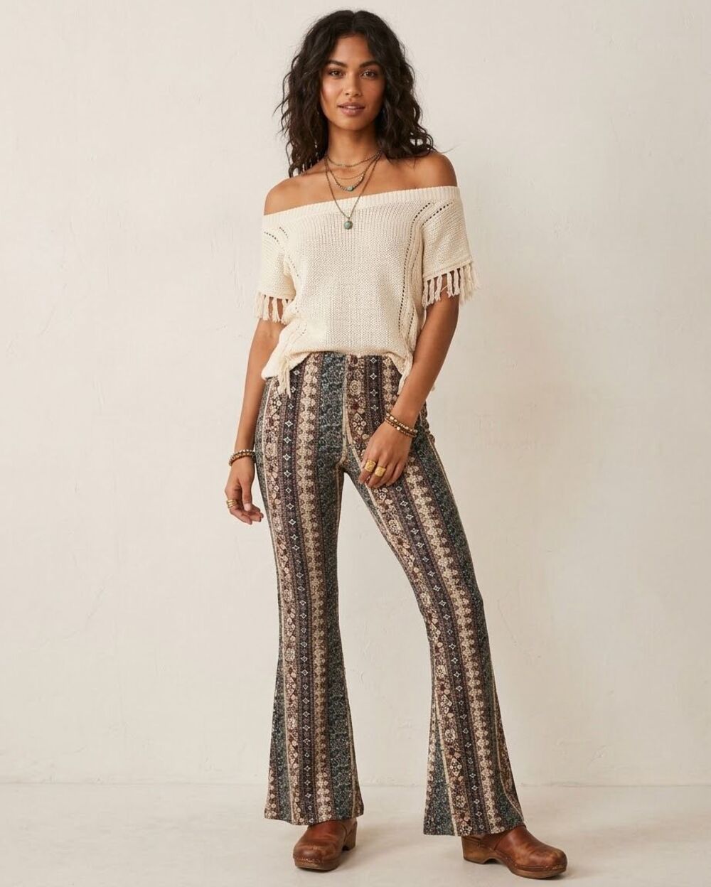Bear Dance Womens L Boho Printed Flare Pants Stretch Elastic Waist Bell Bottoms